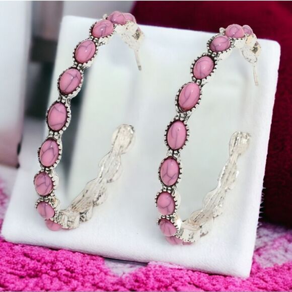 Pink Beaded Bohemian Silver Hoop Earrings Boho Native Western Tribal Jewelry - Picture 2 of 9